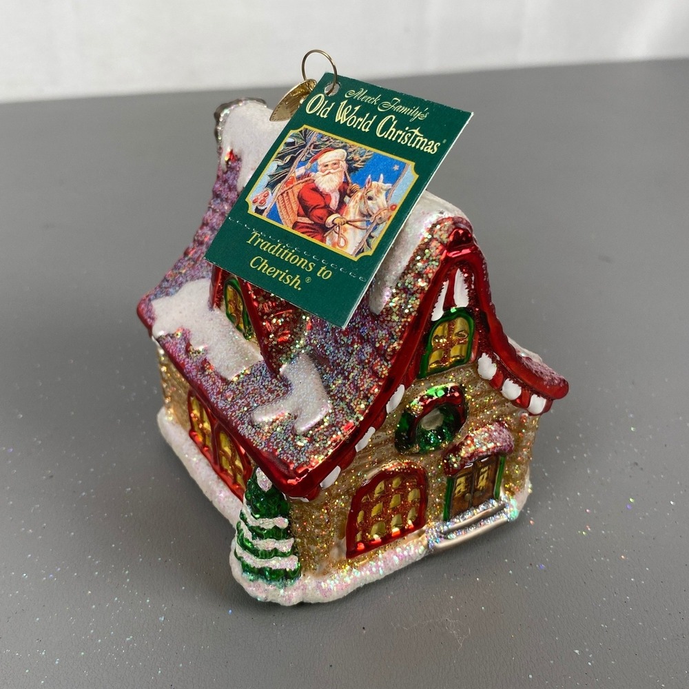 Old World Christmas Cottage Glass Holiday Ornament Merck Family Red Snow House